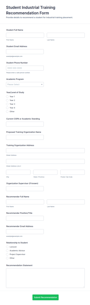 Student Industrial Training Recommendation Form Template