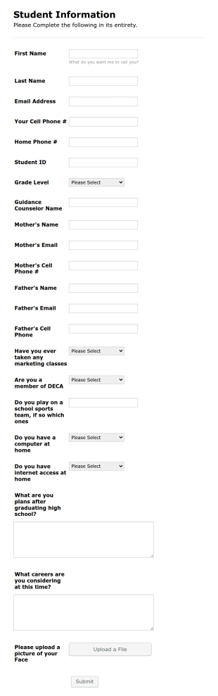 Student Contact Information Form Template