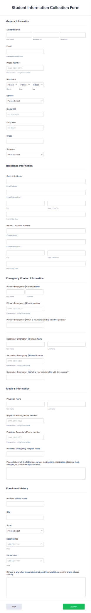 Student Information Collection Form Template