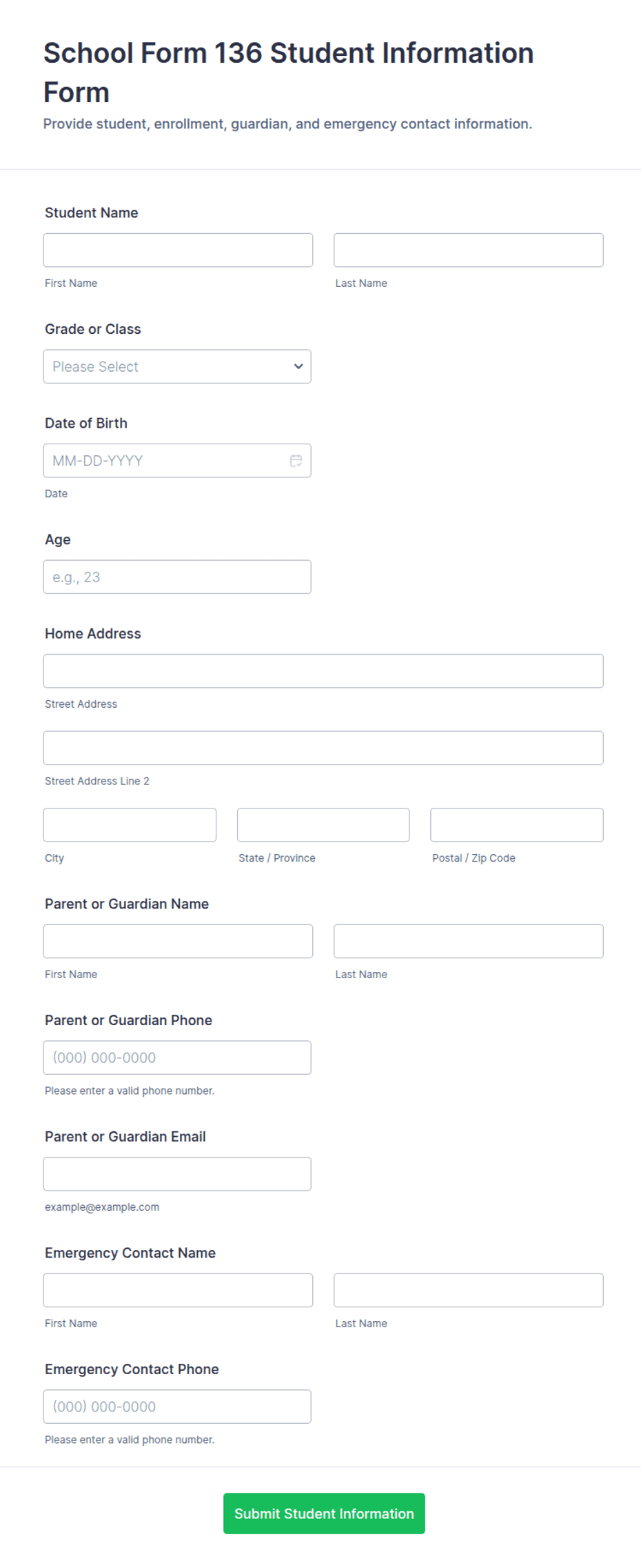 Student Information Form 136 | Jotform