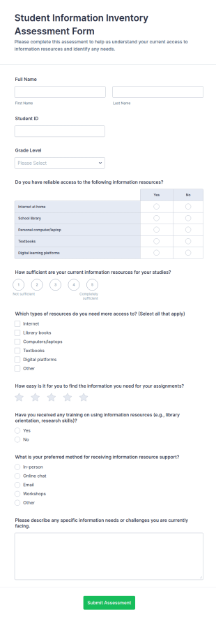 Student Information Inventory Assessment Form Template