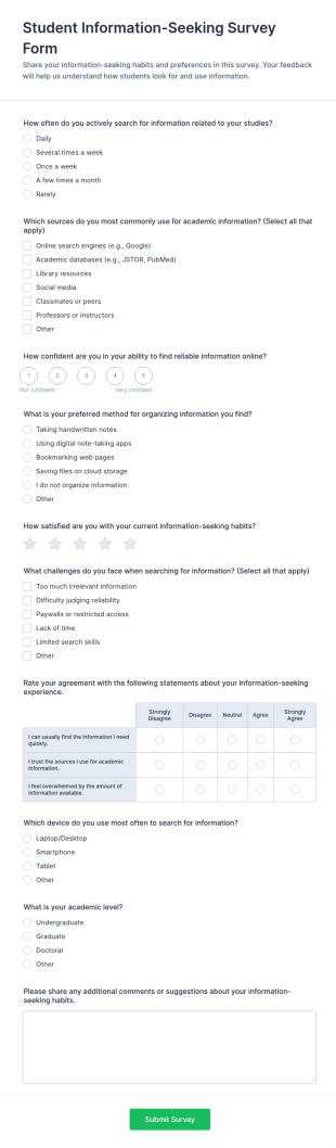 Student Information Seeking Survey Form Template