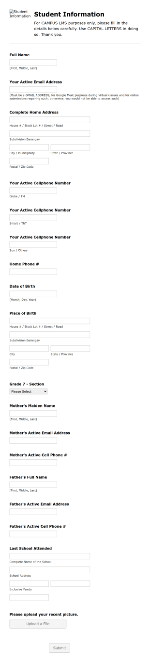 Student Information Sheet Form Template