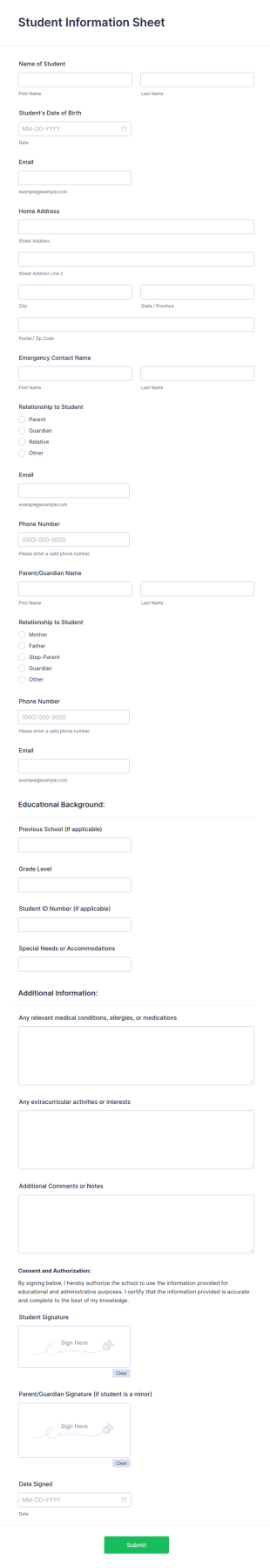 Student Information Sheet Template