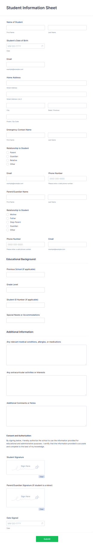 Student Information Sheet Template Form Template