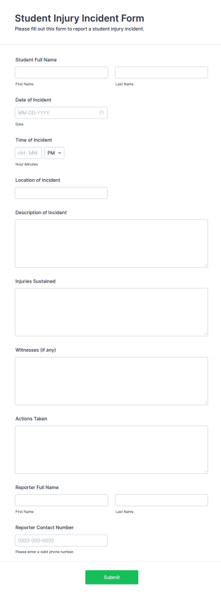 Student Injury Incident Form Template