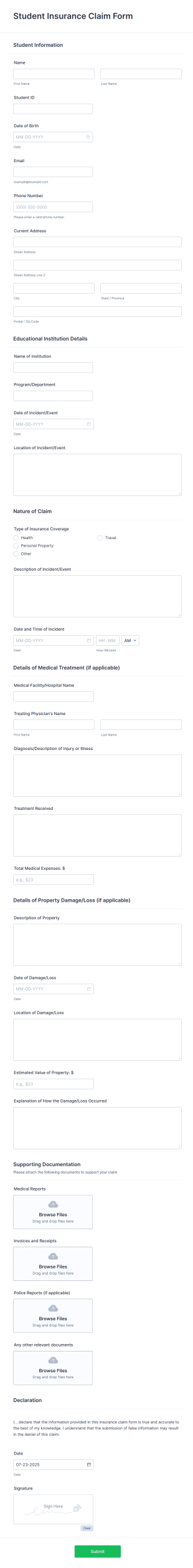 Student Insurance Claim Form Template