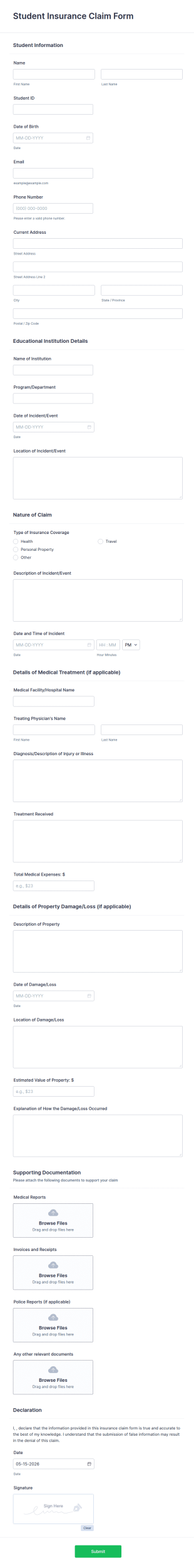 Student Insurance Claim Form Template