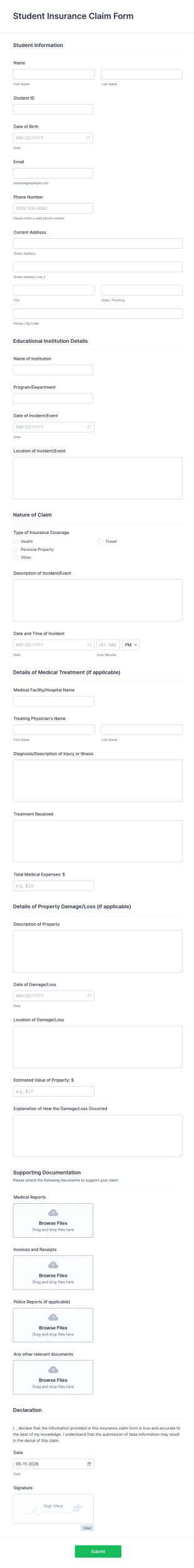Student Insurance Claim Form Template