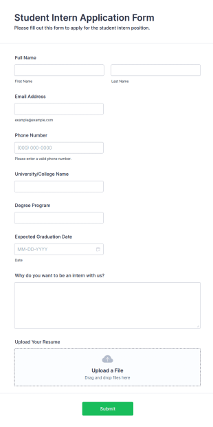 Student Intern Application Form Template