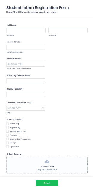 Student Intern Registration Form Template