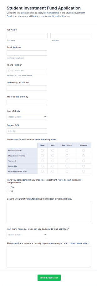 Student Investment Fund Application Questionnaire Form Template