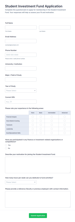 Student Investment Fund Application Questionnaire Form Template