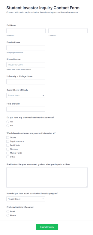 Student Investor Inquiry Contact Form Template