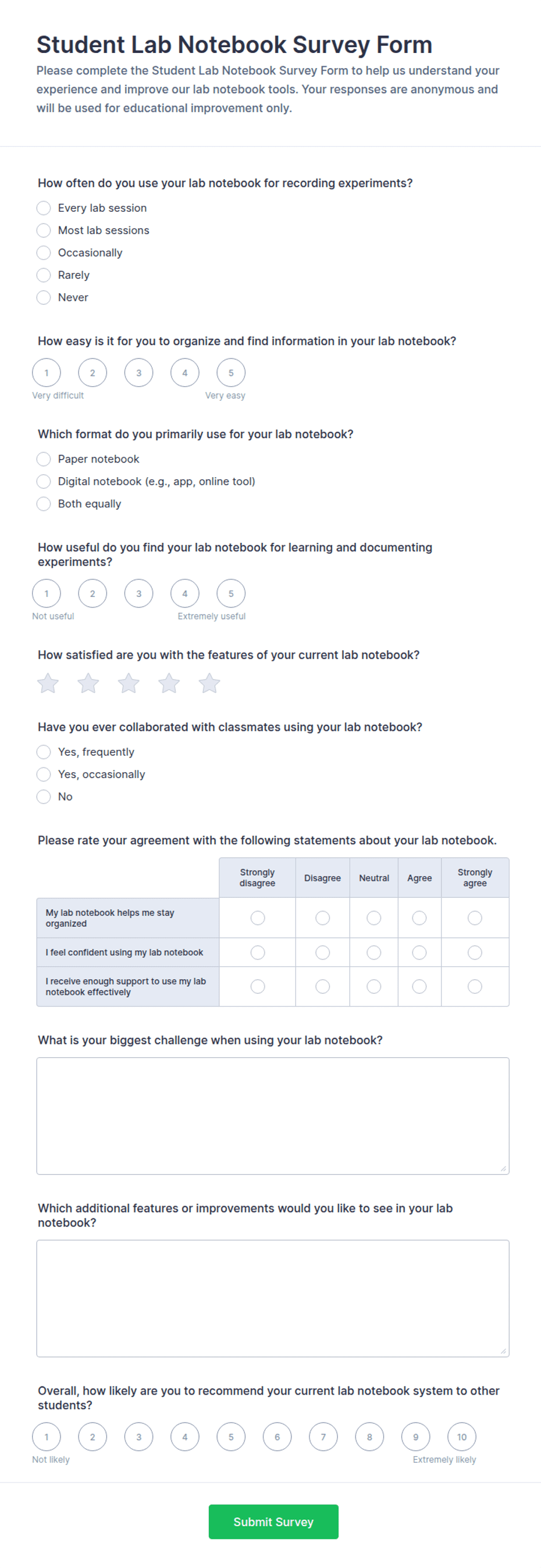 Student Lab Notebook Survey Form Template | Jotform