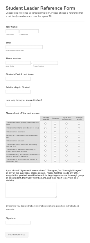 Student Leader Team Reference Form Template