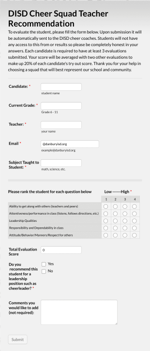 Student Leadership Teacher Evaluation Form Template