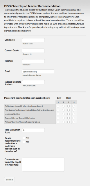 Student Leadership Teacher Evaluation Form Template