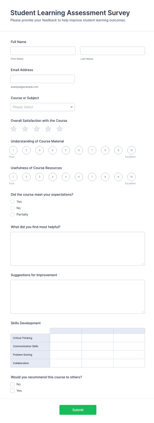 Student Learning Assessment Survey Form Template
