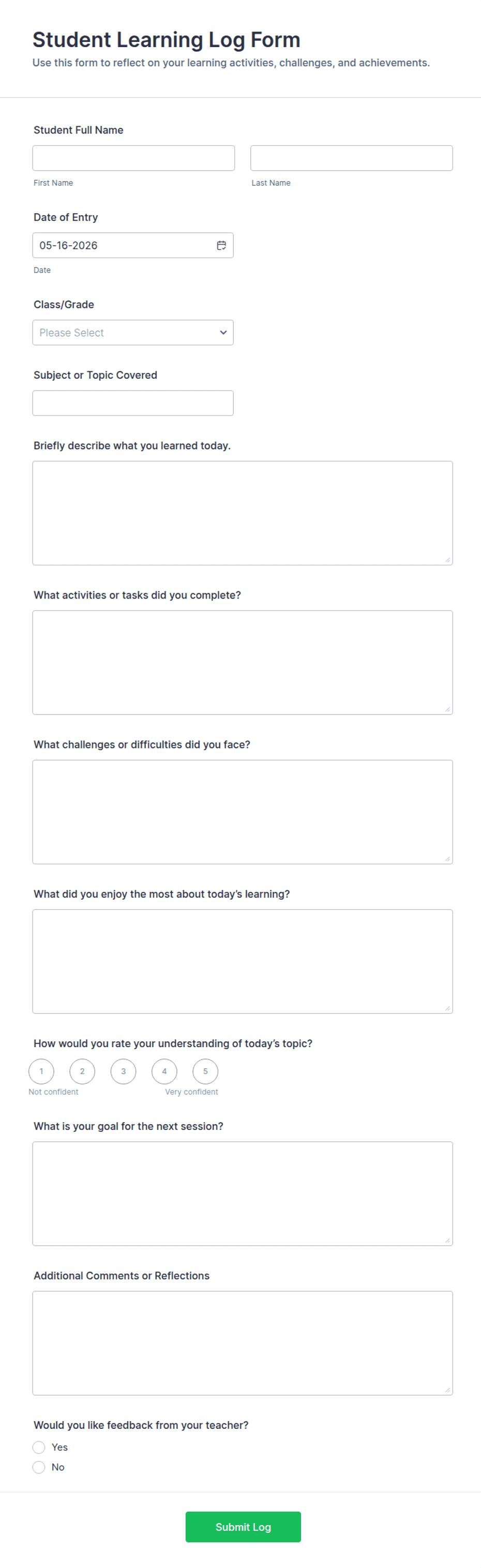 Student Learning Log Form Template | Jotform
