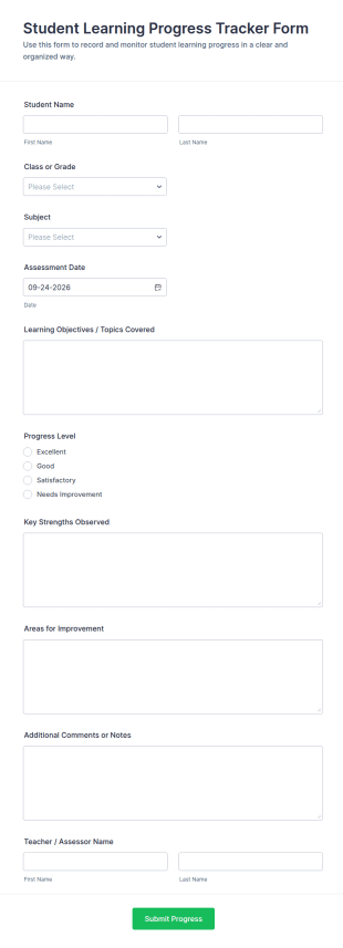 Student Learning Progress Tracker Form Template