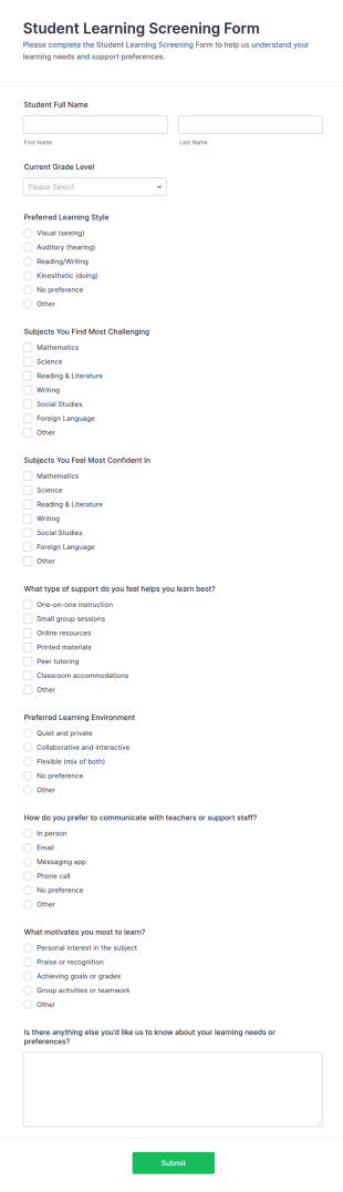Student Learning Screening Form Template