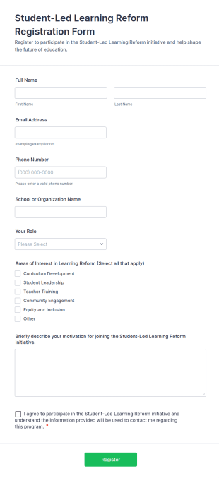 Student Led Learning Reform Registration Form Template