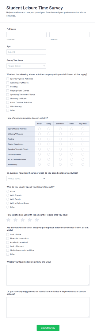 Student Leisure Time Survey Form Template