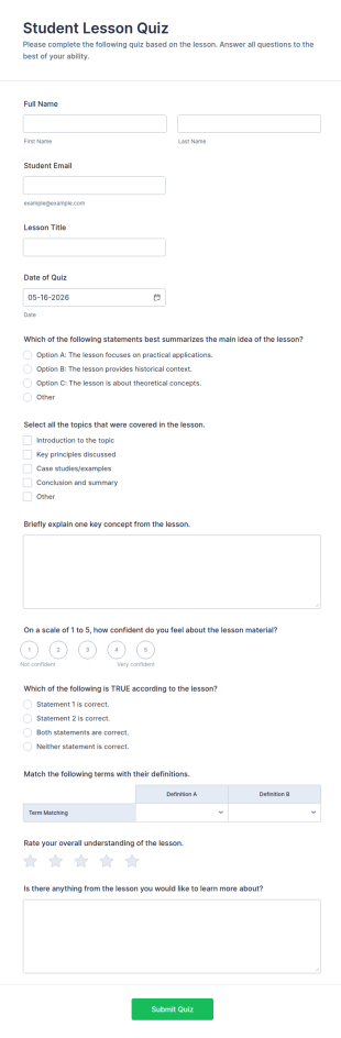 Student Lesson Quiz Form Template