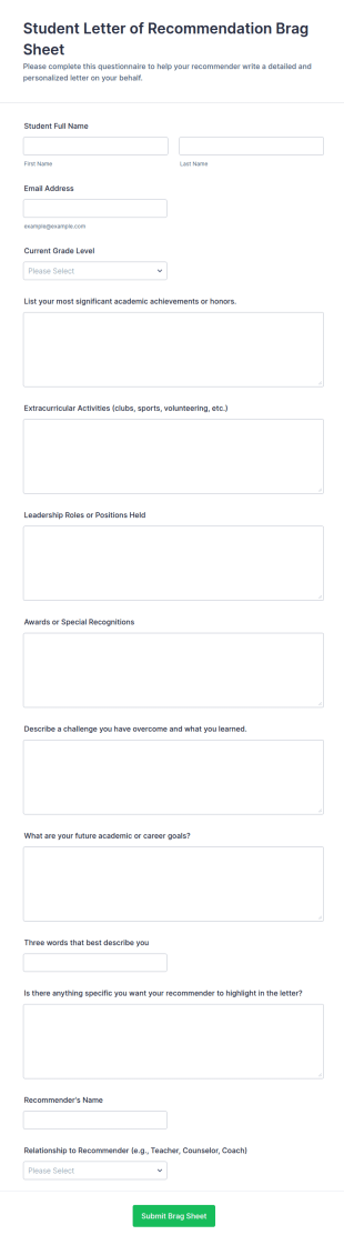 Student Letter Of Recommendation Brag Sheet Questionnaire Form Template