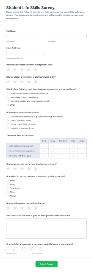 Student Life Skills Survey Form Template