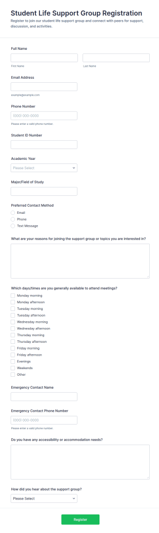 Student Life Support Group Registration Form Template