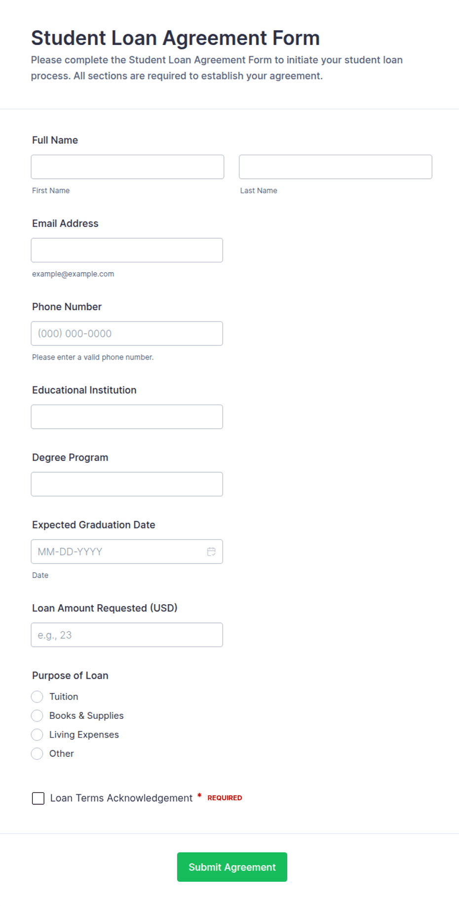 Student Loan Agreement Form Template | Jotform