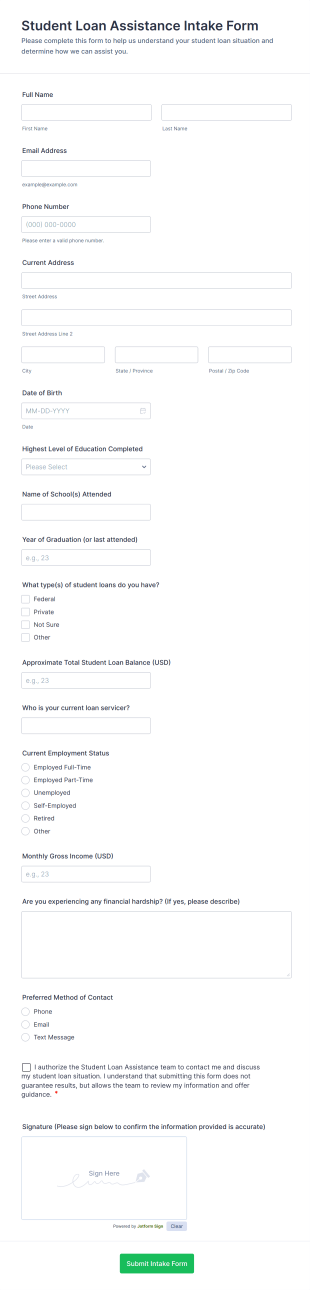 Student Loan Assistance Intake Form Form Template