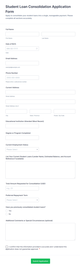 Student Loan Consolidation Application Form Template