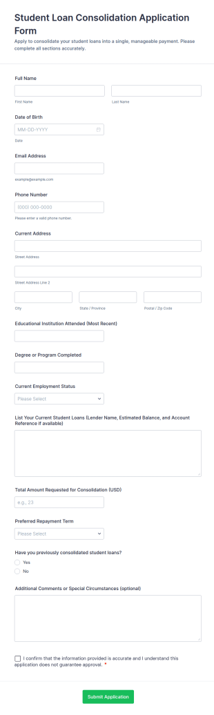 Student Loan Consolidation Application Form Template