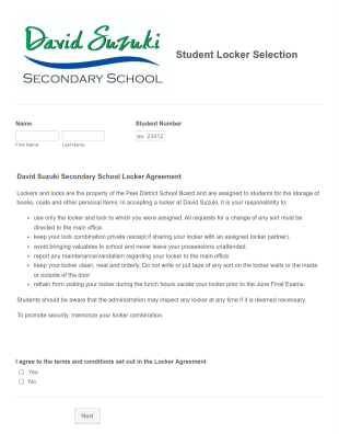 Student Locker Selection Form Template