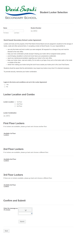 Student Locker Selection Form Template