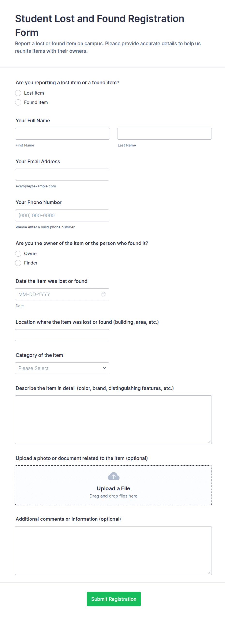 Student Lost and Found Registration Form Template | Jotform