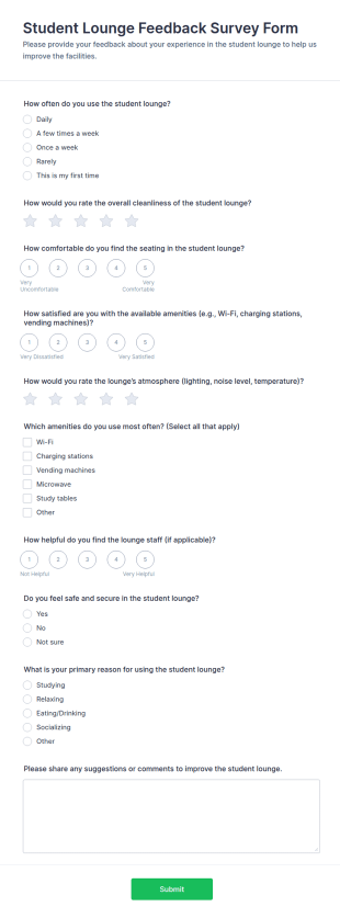 Student Lounge Feedback Survey Form Template