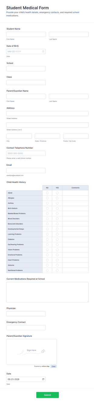 Student Medical Form Template