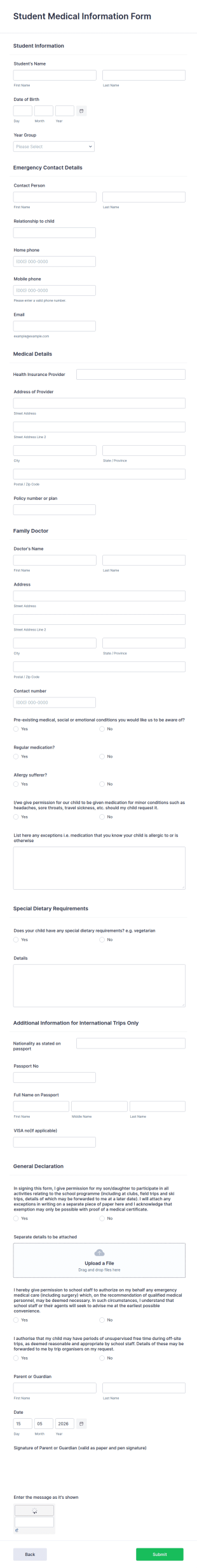 Student Medical Information Form Template