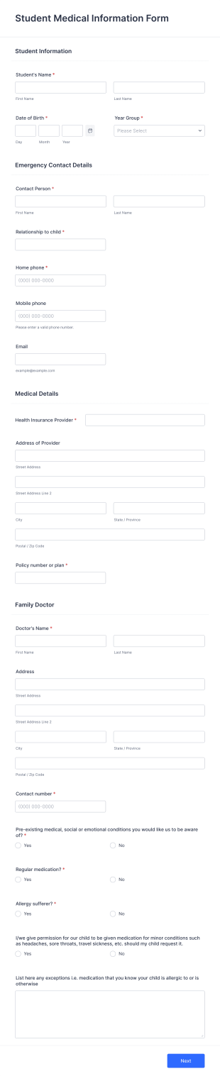 Student Medical Information Form Template