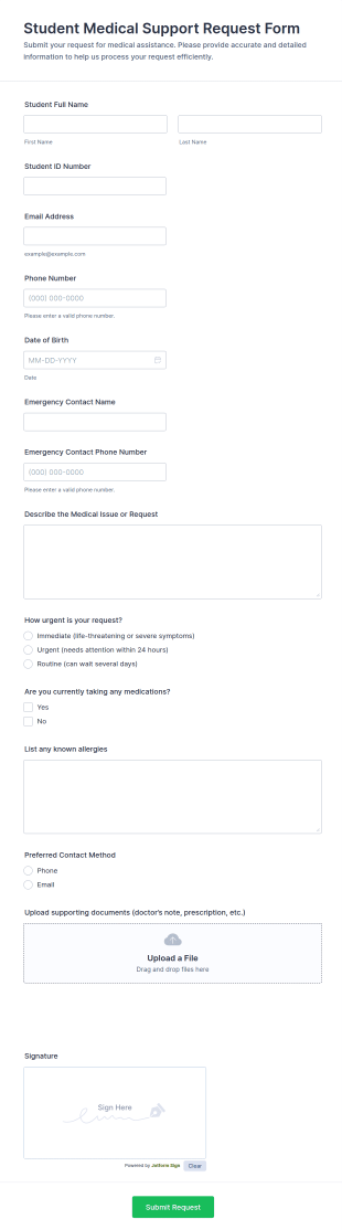 Student Medical Support Request Form Template