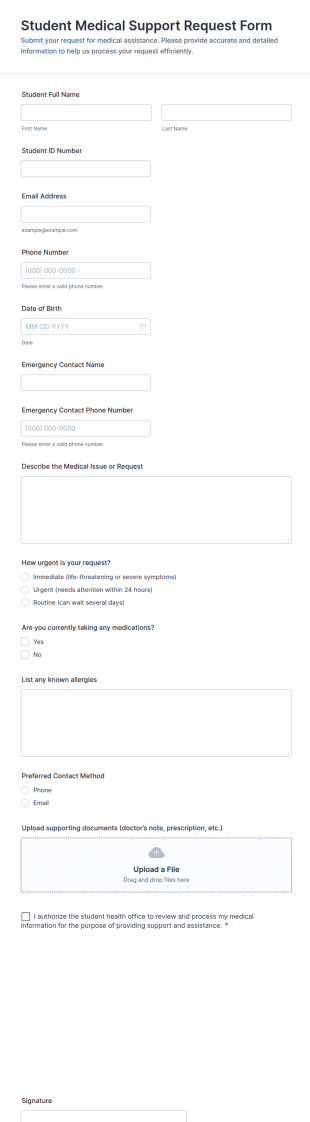 Student Medical Support Request Form Template