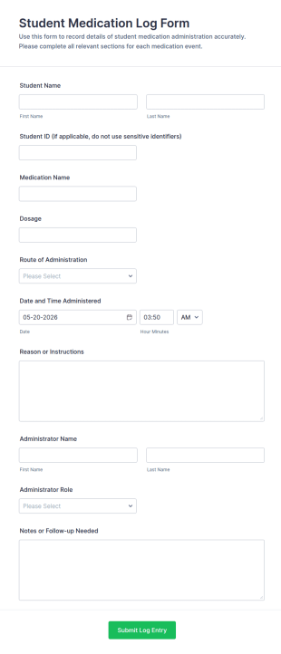 Student Medication Log Form Template