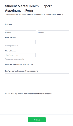 Student Mental Health Support Appointment Form Form Template