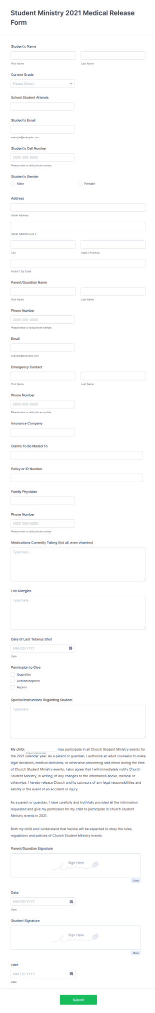 Church Student Ministry Medical Release Form Template