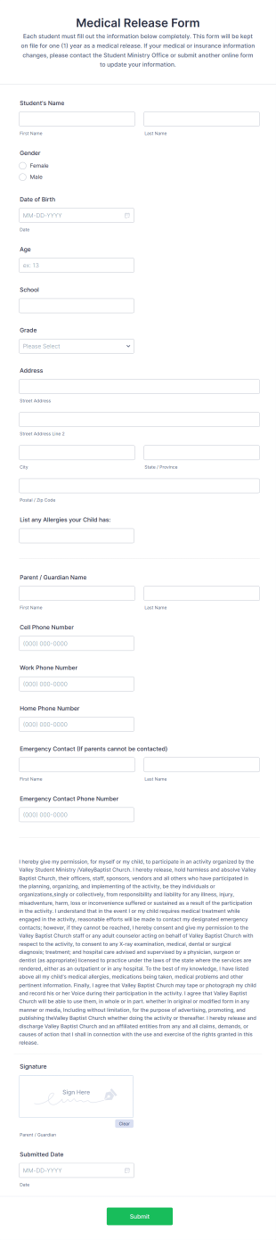Student Ministry Medical Release Form Template