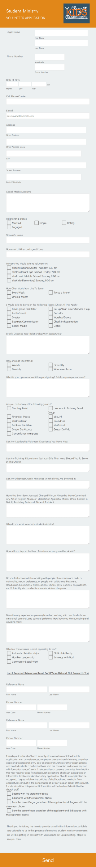 Student Ministry Volunteer Application Form Template